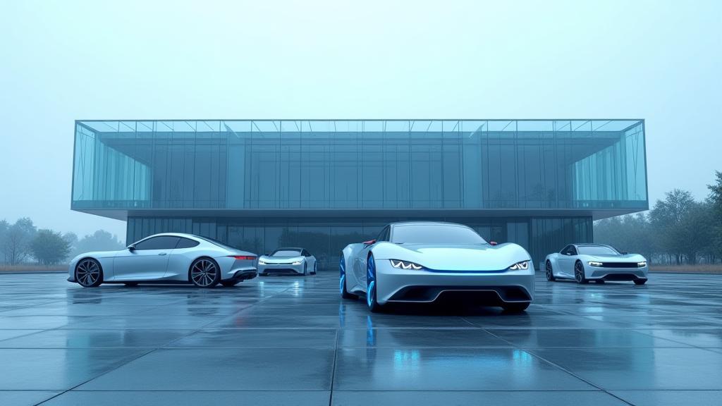 A fleet of futuristic electric vehicles in front of Takahashi Auto Innovations HQ
